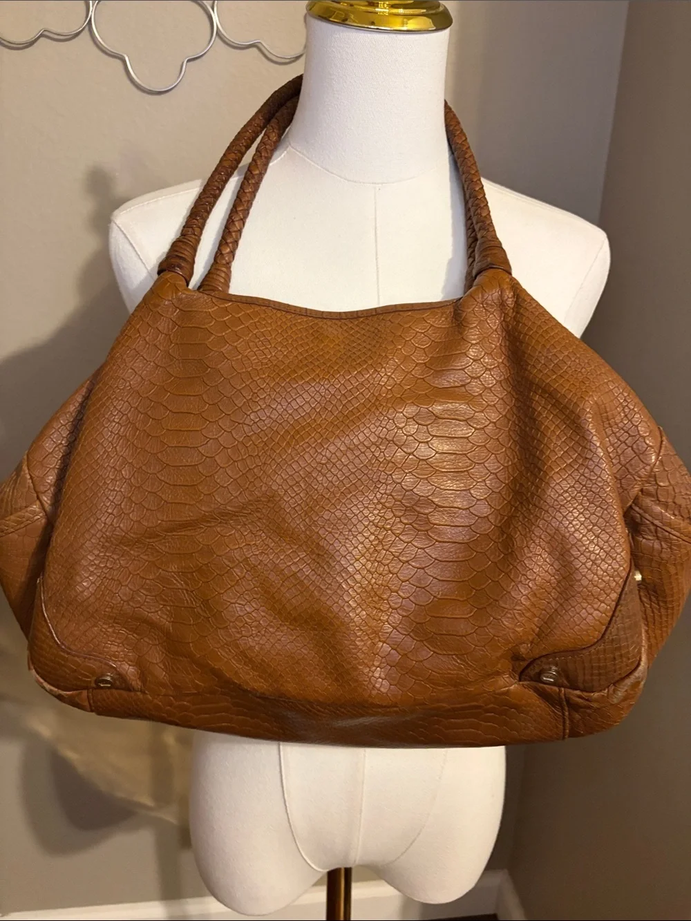 Elaine Turner Large Brown Snakeskin Embossed Hobo Shoulder Bag Vegan Leather